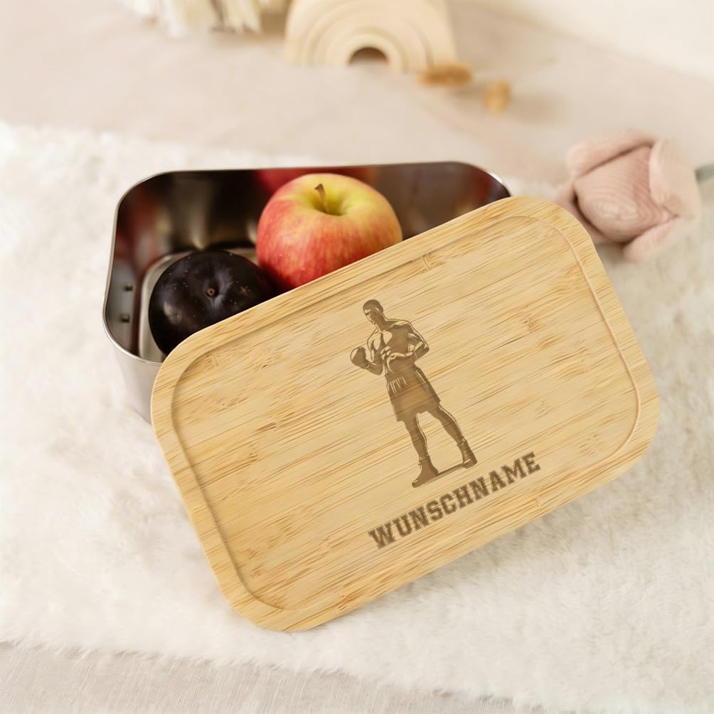 LIEBTASTISCH® Personalisierte Brotdose mit Wunschname - Boxer Kampfstellung Silhouette Gravur - Edel