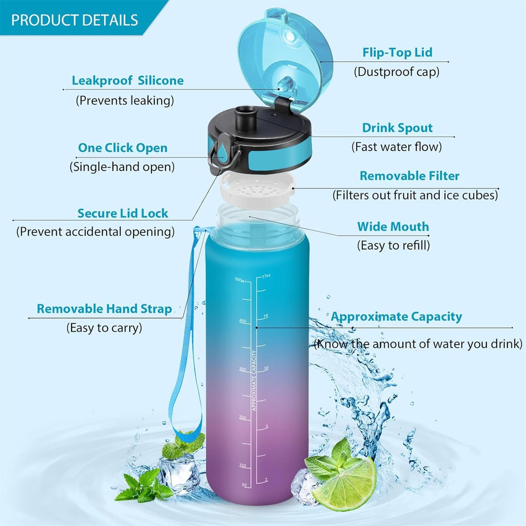 HoneyHolly Trinkflasche 0,5/1/1,5 Liter, Auslaufsicher, Trinkflasche Sport, Motivierende mit Zeitmar