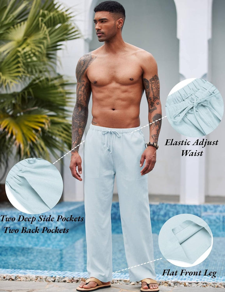 COOFANDY Herren Hose Lange Leinenhose Leicht Sommerhose Strandhose Elastische Taille Hosen Männer Fr