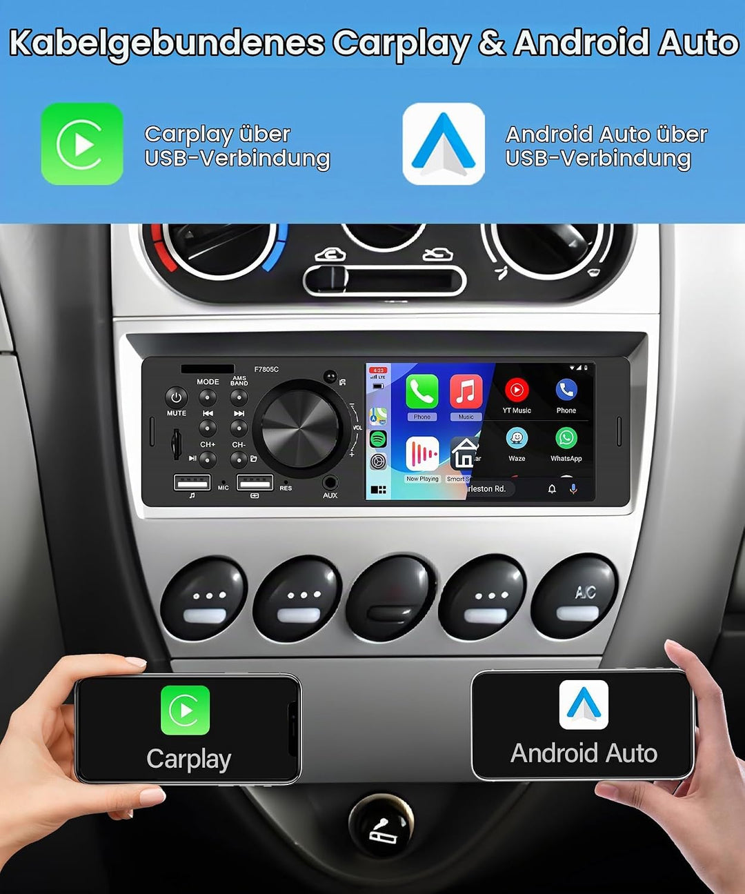 Rimoody Carplay 1 Din Autoradio mit Android Auto 4 Zoll Touchscreen Autoradio 1 Din mit Drehknopf mi
