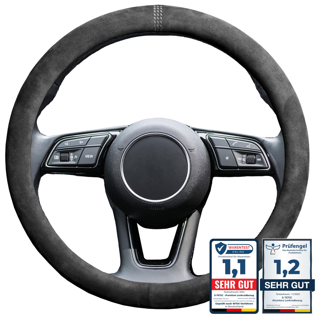 S-TETIC® Premium Lenkradbezug aus Alcantara | Racing Black Edition | Universalgrösse 36-38 cm | Lenk