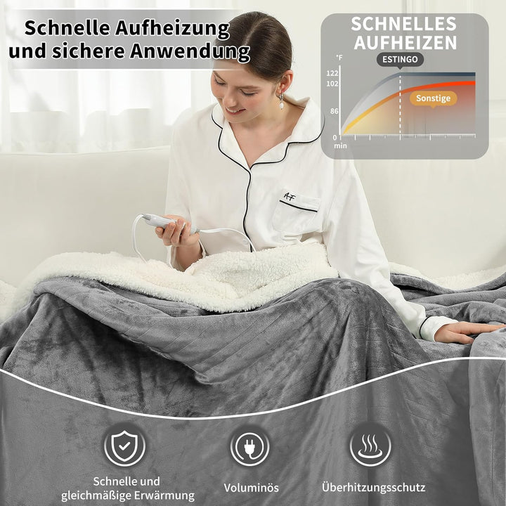 ESTINGO Heizdecke XXL 200x150cm, Elektrische Wärmedecke für Doppelbett, 6 Heizstufen, 10h Timer, Abs