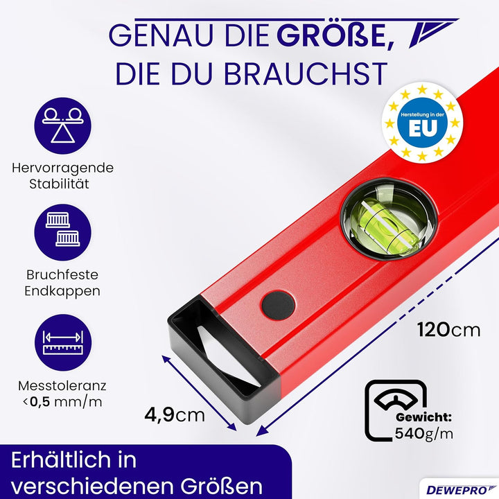 DEWEPRO® Profi Wasserwaage Aluminium - rot lackiert - Länge: 120cm 1,2m - Messtoleranz: 0,5mm/m - Al