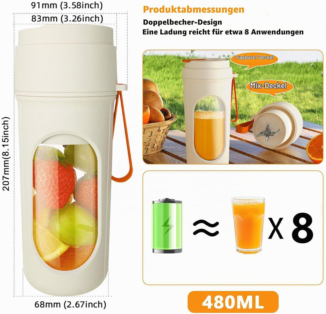 Smoothie Maker to Go, 450ml Tragbarer Mixer, Portable Blender mit 12-Klingen Edelstahl, Mini Mixer f
