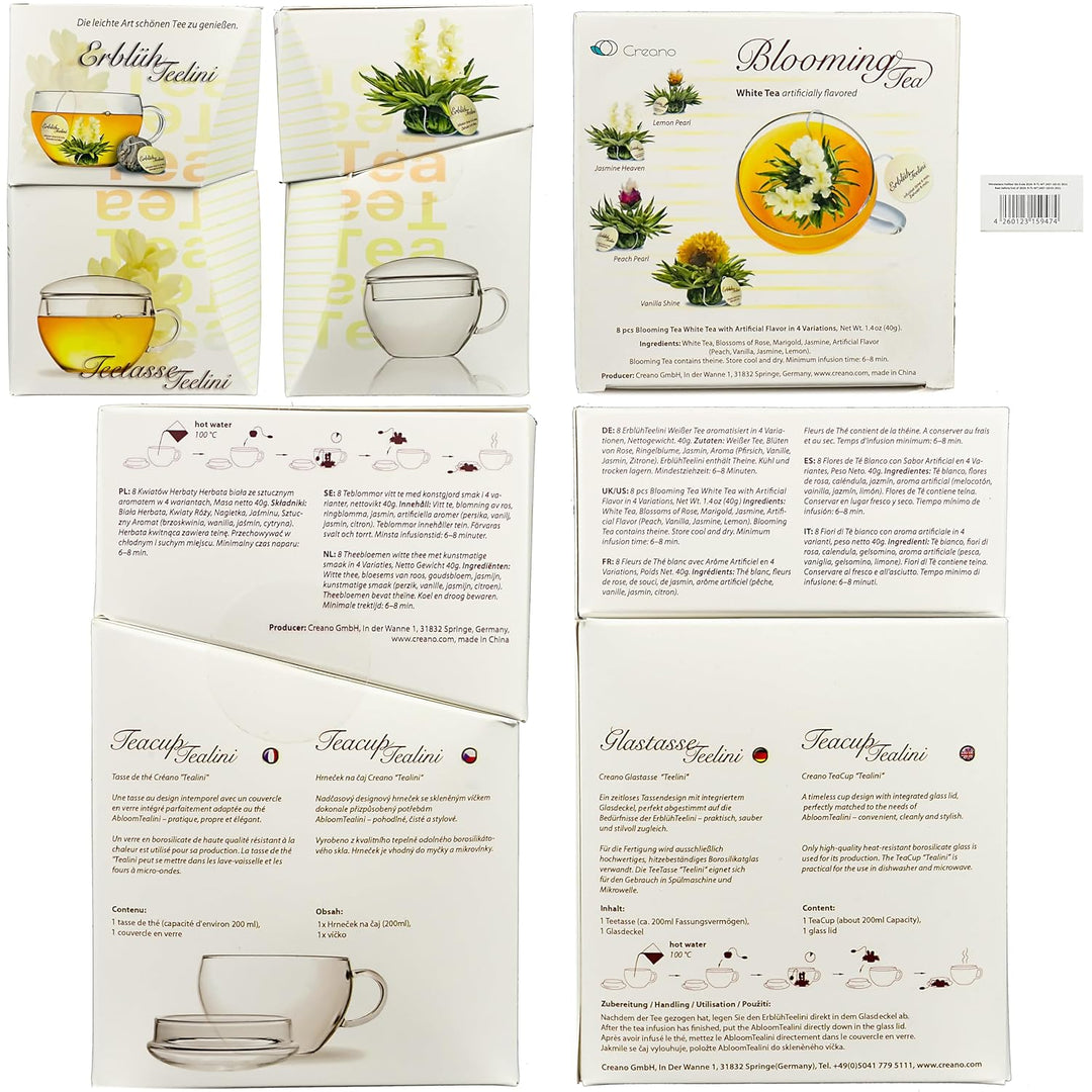 Creano ErblühTeelini Teeblumen Geschenkset mit Teeglas und 8 Teeblumen im Tassenformat, Weisser Tee,