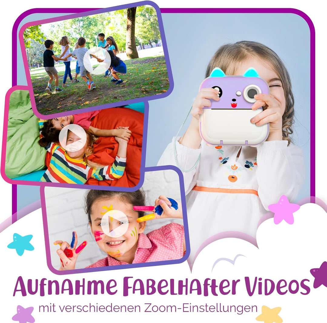 Sofortbildkamera Kinder – 1080P HD, 48 MP, 32-Gb-Karte, Bluetooth, Kostenlose App, 4 Rollen Druckpap