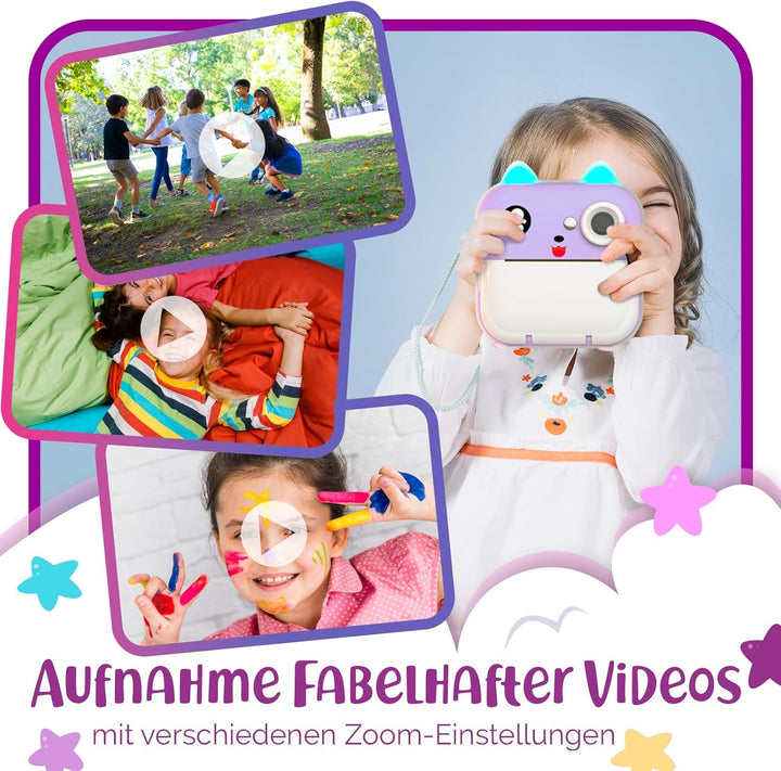 Sofortbildkamera Kinder – 1080P HD, 48 MP, 32-Gb-Karte, Bluetooth, Kostenlose App, 4 Rollen Druckpap