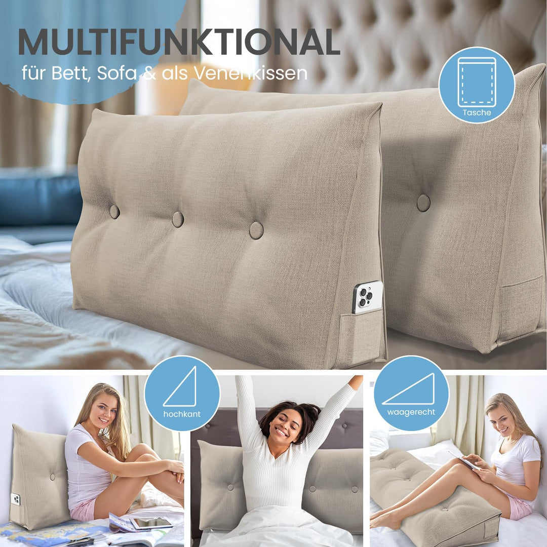 ELONEO Rückenkissen 140 cm breit, Keilkissen für Bett und Sofa geeignet, dreieckiges Lesekissen, Kis