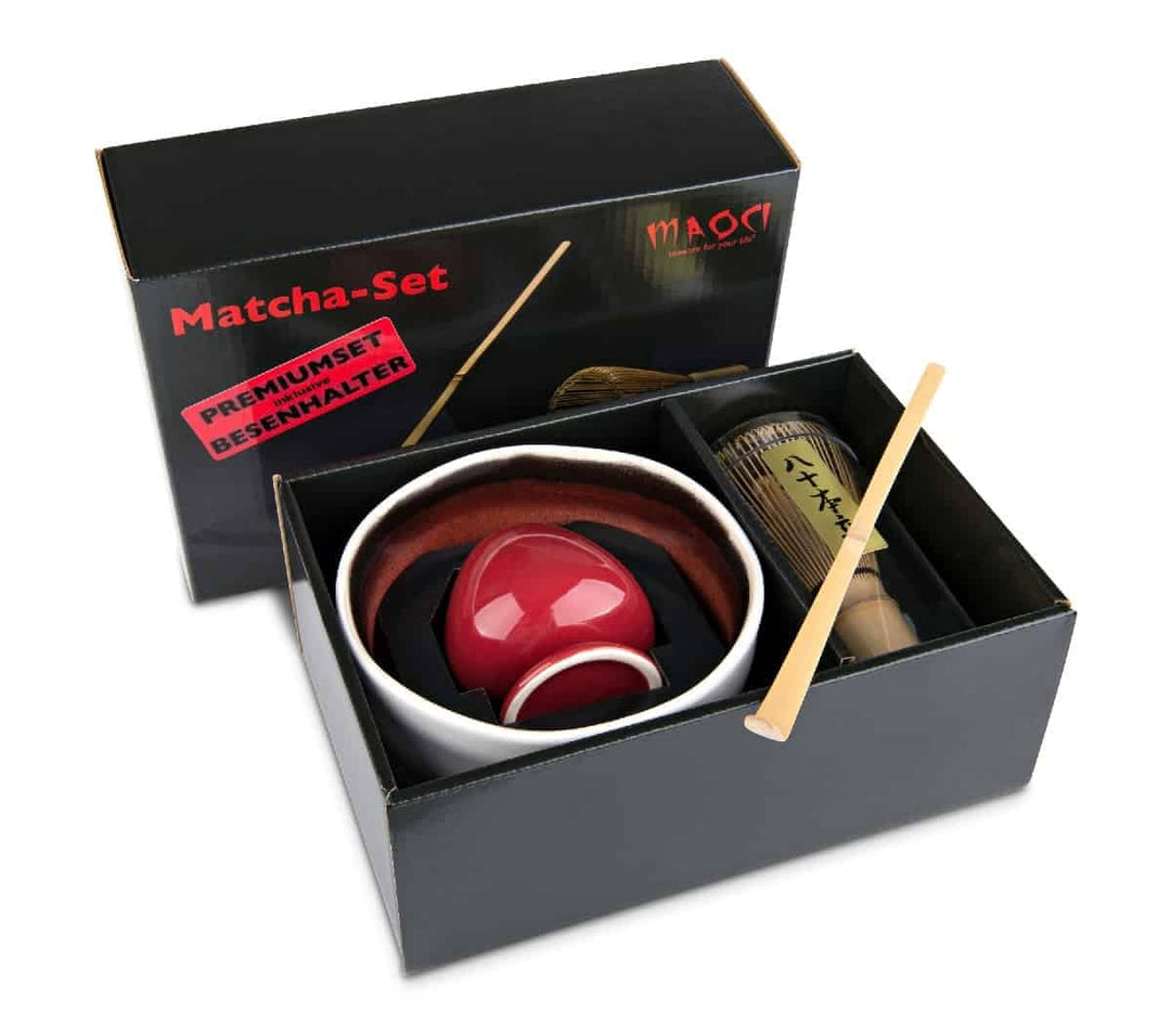 MAOCI Matcha Tee Set vierteilig (hell) mit Matchaschale, Matchabesen, Besenhalter und Matchalöffel -