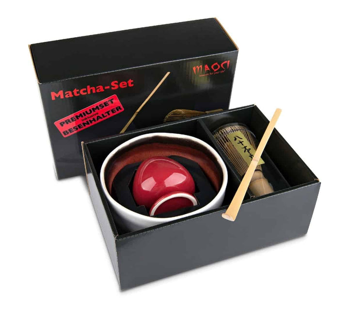 MAOCI Matcha Tee Set vierteilig (hell) mit Matchaschale, Matchabesen, Besenhalter und Matchalöffel -