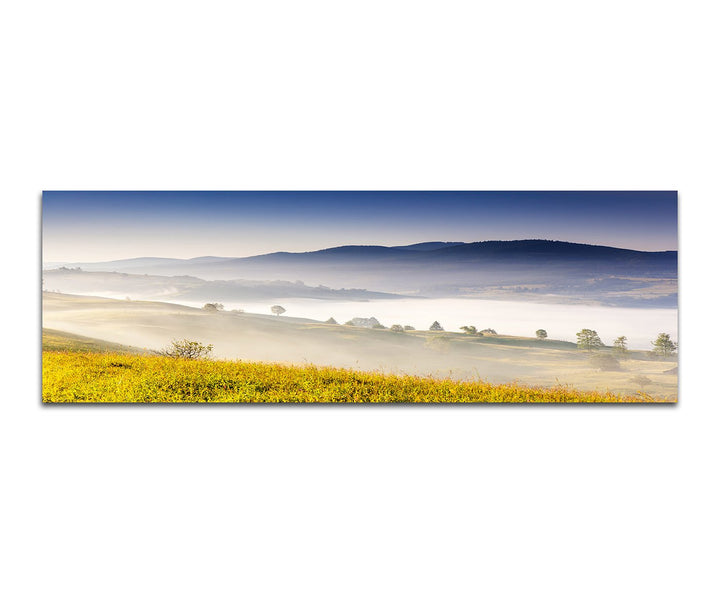 Paul Sinus Art Panoramabild auf Leinwand und Keilrahmen 120x40cm Ukraine Berge Wiese Nebel Morgenlic