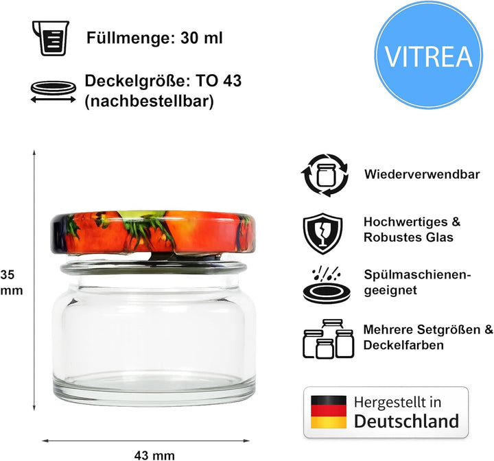 Vitrea 25x Mini Marmeladengläser 30 ml - mit Deckel Obst TO 43 - kleine Einmachgläser zum befüllen m