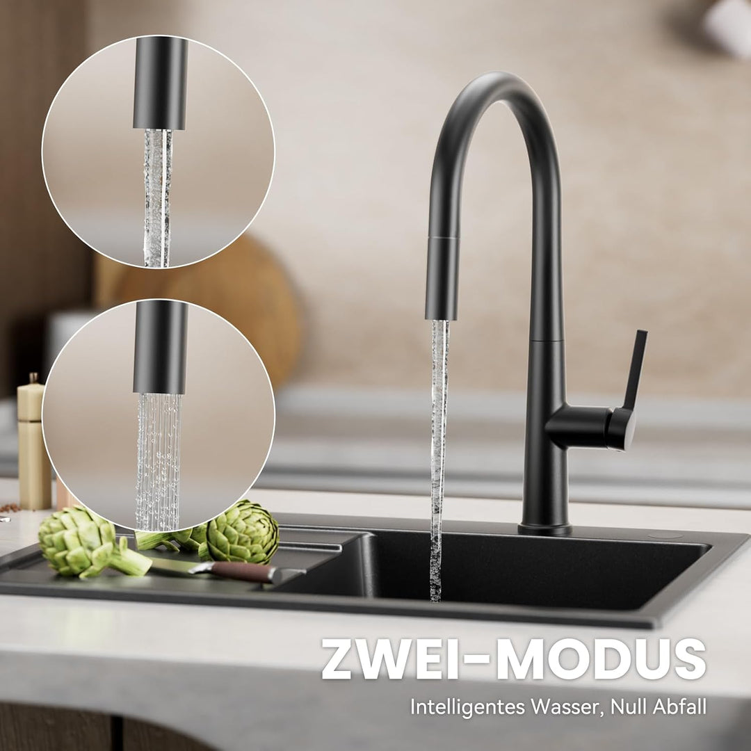 CECIPA Wasserhahn Küche Schwarz, Hoher Bogen Hochdruck Küchenarmatur mit Brause Ausziehbar Armatur,