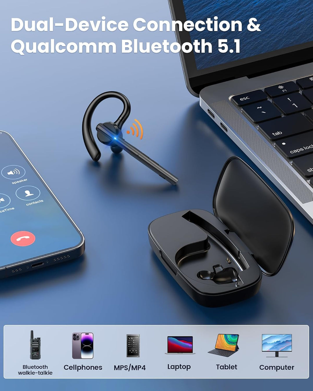 New Bee Bluetooth Headset mit 72h Spielzeit Bluetooth V5.1 Freisprech Headset Handy mit LED Ladecase