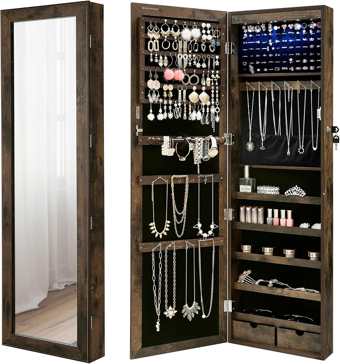 SONGMICS Schmuckschrank, Wand-Aufbewahrungsmöbel für Halsketten, Ohrringe, Zubehörschrank, mit Spieg