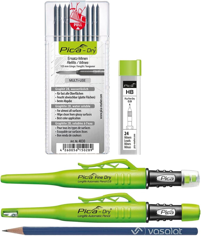 Pica Marker Set - Pica Fine Dry 0.9 + Pica Dry + 10 Stück Ersatzminen graphit 2B Multi-Use + 24 Stüc