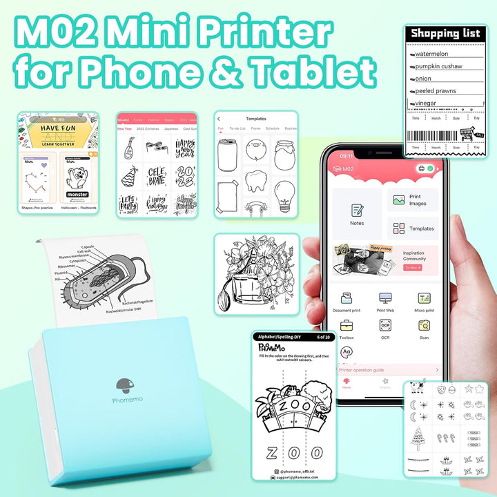 Phomemo M02 Mini Drucker mit 3 Etikettenrollen, Taschendrucker für Smartphone, Bluetooth Aufkleber D