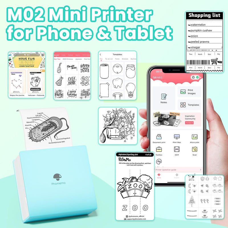 Phomemo M02 Mini Drucker mit 3 Etikettenrollen, Taschendrucker für Smartphone, Bluetooth Aufkleber D