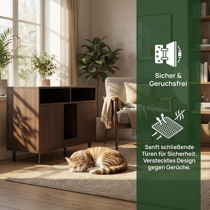 Katzenklo Schrank für 2 Katzen mit Sandauffangmatte, XXL Sideboard für Katzentoilette Versteckt, Mul