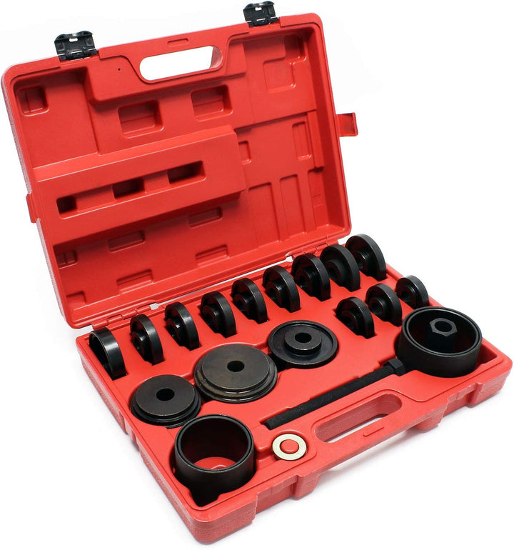 Wiltec Radlager Werkzeug Satz 24 teilig, Druckplatten 55-88 mm, Abziehglocken, Gewindespindel, Radla