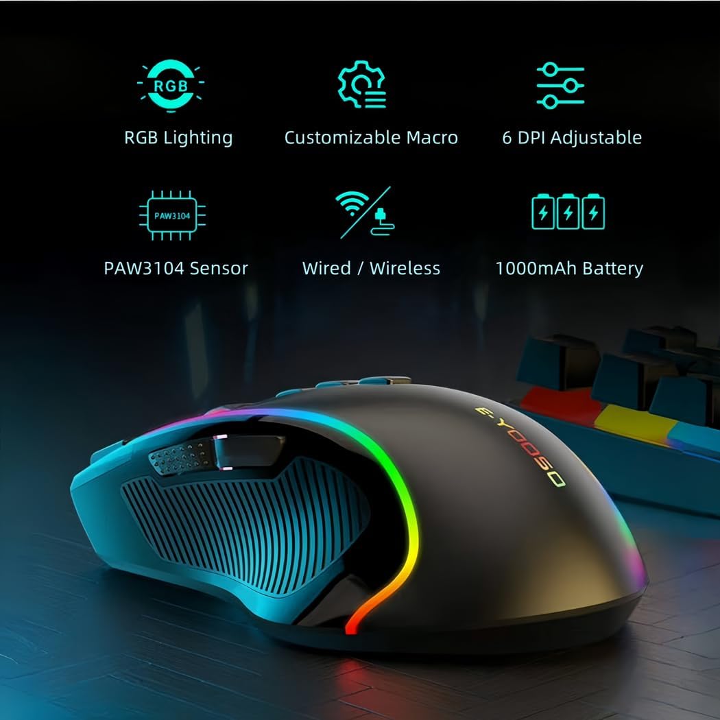 Niceon Gaming Maus kabellos RGB Wiederaufladbare, 9 Programmierbare Tasten, Langer Stunden Akkulaufz
