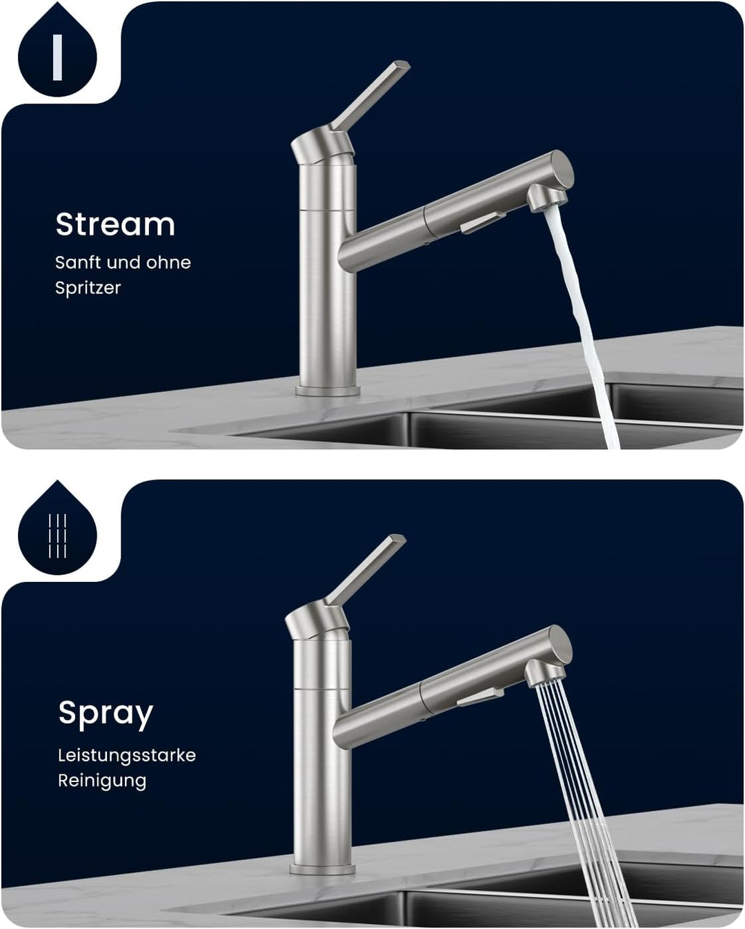 DAYONE Küchenarmatur mit Ausziehbarer Brause, SUS304 Edelstahl Hochdruck Wasserhahn Küche, Spültisch