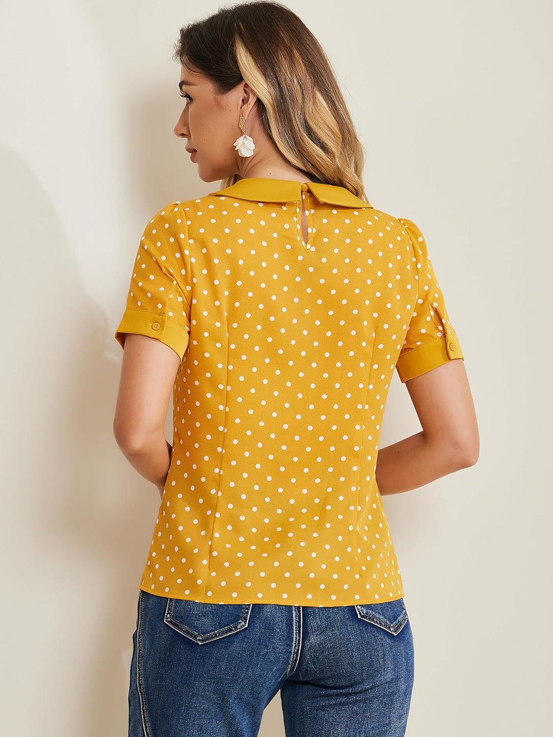 Allegra K Damen Kurzarm Bubikragen Punkte Oberteil Vintage Polka Dots Elegant Top Bluse XS Gelb, XS