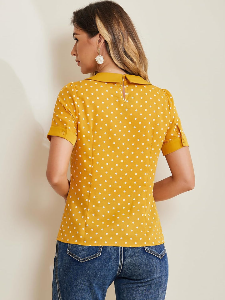 Allegra K Damen Kurzarm Bubikragen Punkte Oberteil Vintage Polka Dots Elegant Top Bluse XS Gelb, XS