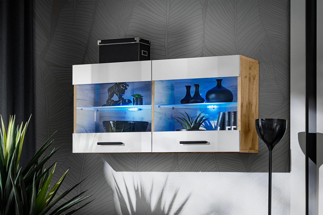 Komodee, Vitrine Schrank Savona, Wotan/Weiss, Breite 100cm x Höhe 50cm x Tiefe 30cm, LED RGB, 2 Glas