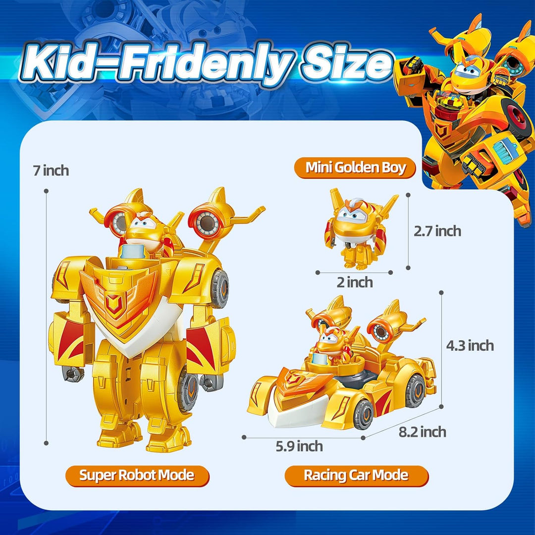Super Wings EU770352 - Super Robot Suit Golden Boy, ca. 18 cm grosse verwandelbare Spiel-Figur, 2-in