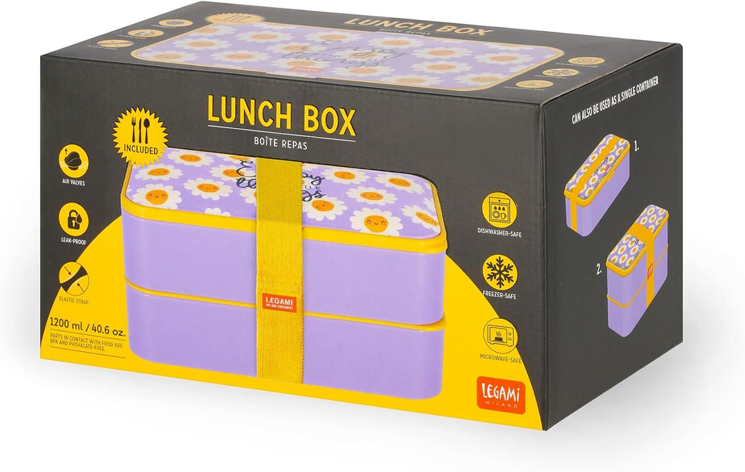 Legami - Lunchbox mit 3 Besteckn, Daisy, Lunchbox, Fassungsvermögen 1200 ml, auslaufsicher, mikrowel