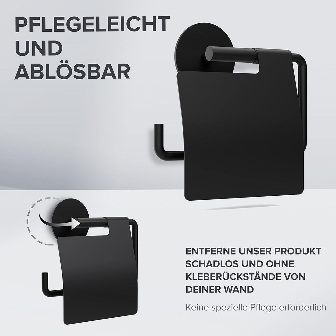 Toilettenpapierhalter Heroya mit Deckel ohne Bohren schwarz matt | Klopapierhalter selbstklebend | K