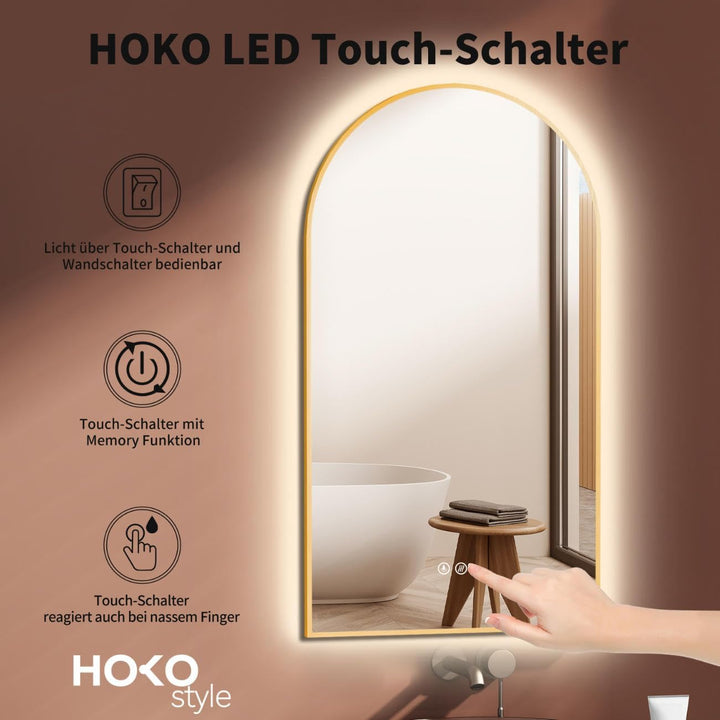 HOKO LED Badspiegel Bogen Beschlagfrei 60x100 cm / 100x60 cm Hayward mit Goldener Metallrahmen, HOCH