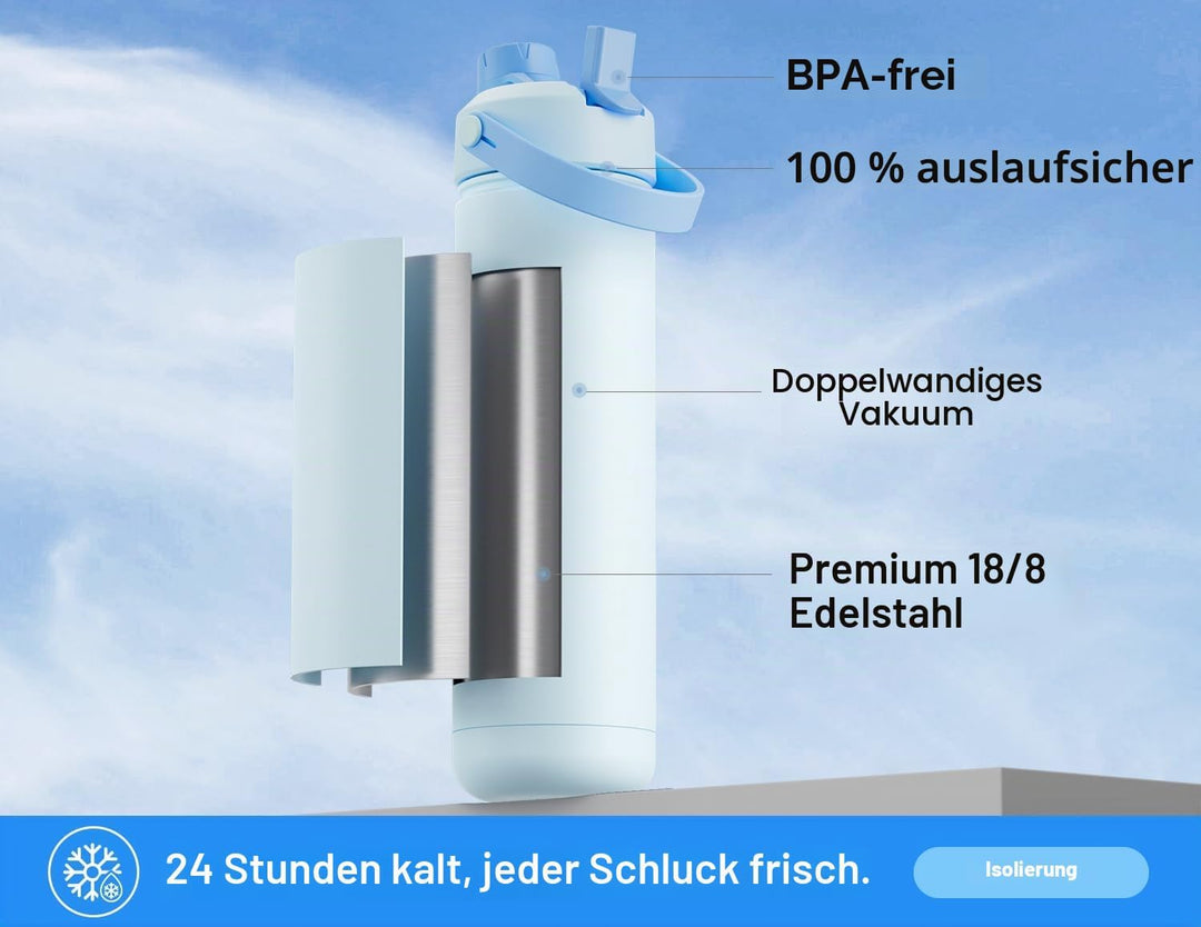 POWCAN 26 oz isolierte Wasserflasche mit 2-in-1-Trinkhalm und Ausgussdeckel, hält 24 Stunden kalt, a