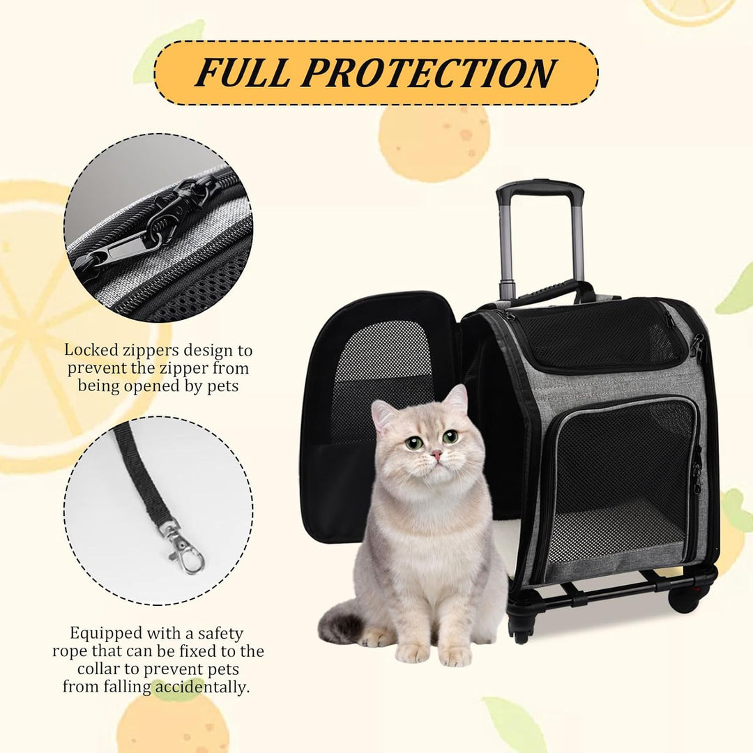 mumisuto Transportbox Katze mit Rädern 360° Drehbar, Transportbox Hund mit Taschen, Hundewagen Troll