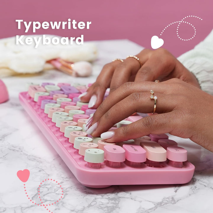 Perixx PERIDUO-802PK Bluetooth Mini Keyboard and Mouse Combo - Retro Round Key Caps - Pastel Pink -