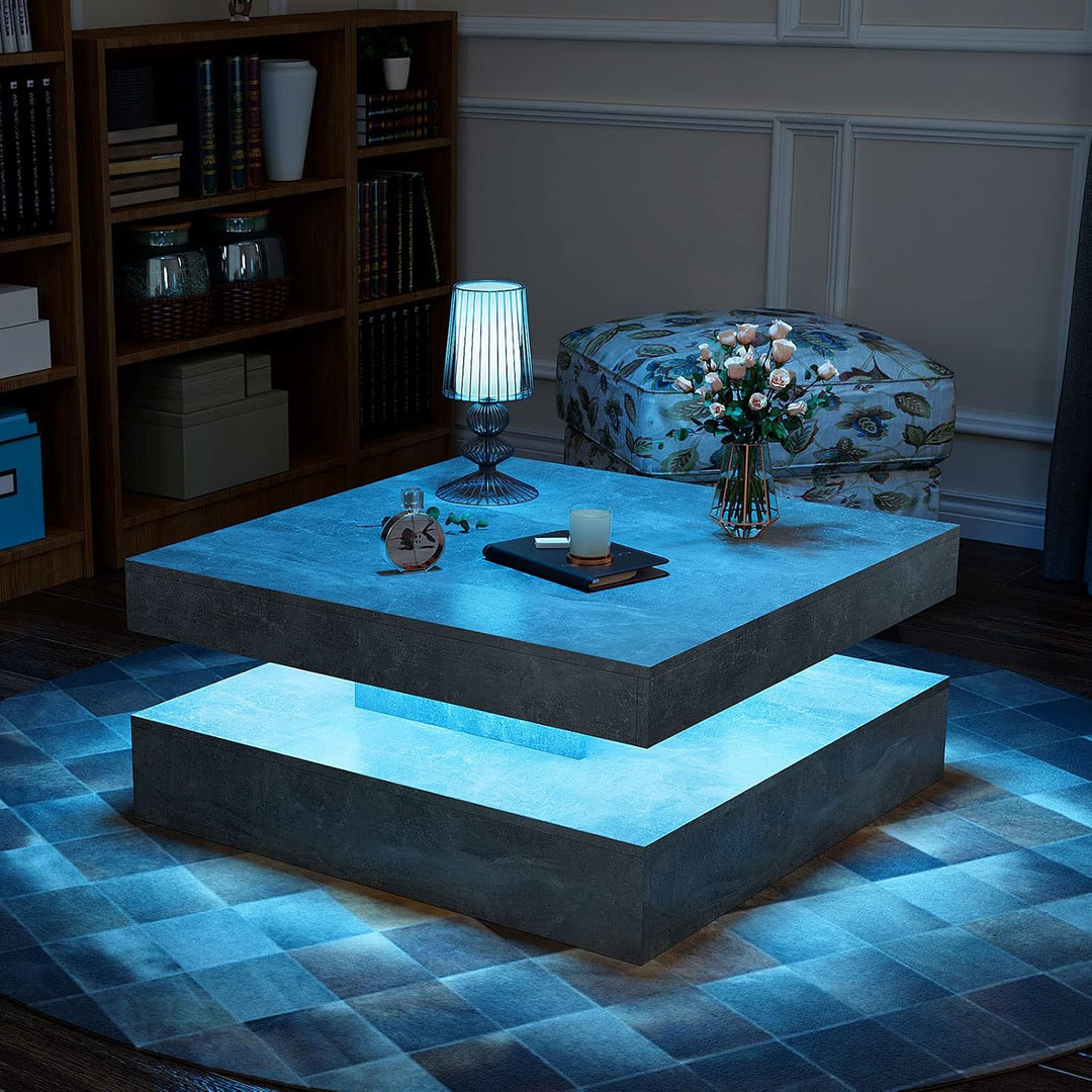 Couchtisch Wohnzimmertisch grau Matt, Sofatisch mit LED Beleuchtung modern für Wohnzimmer, 78 x 78 x