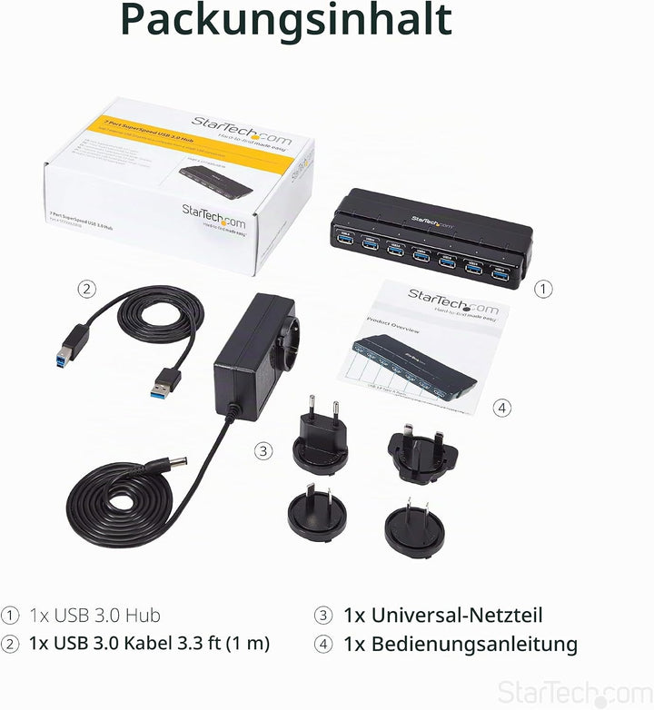 StarTech.com 7 Port USB 3.0 SuperSpeed Hub - USB 3 Hub Netzteil / Stromanschluss und Kabel - Schwarz