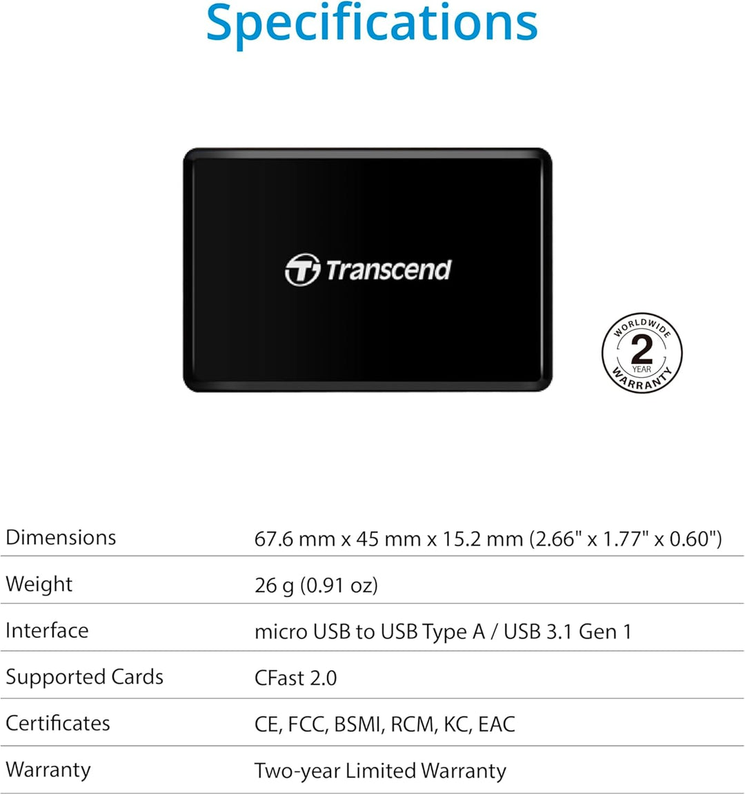 Transcend USB 3.1 Gen 1 CFast 2.0 Kartenleser TS-RDF2, Kartenleser
