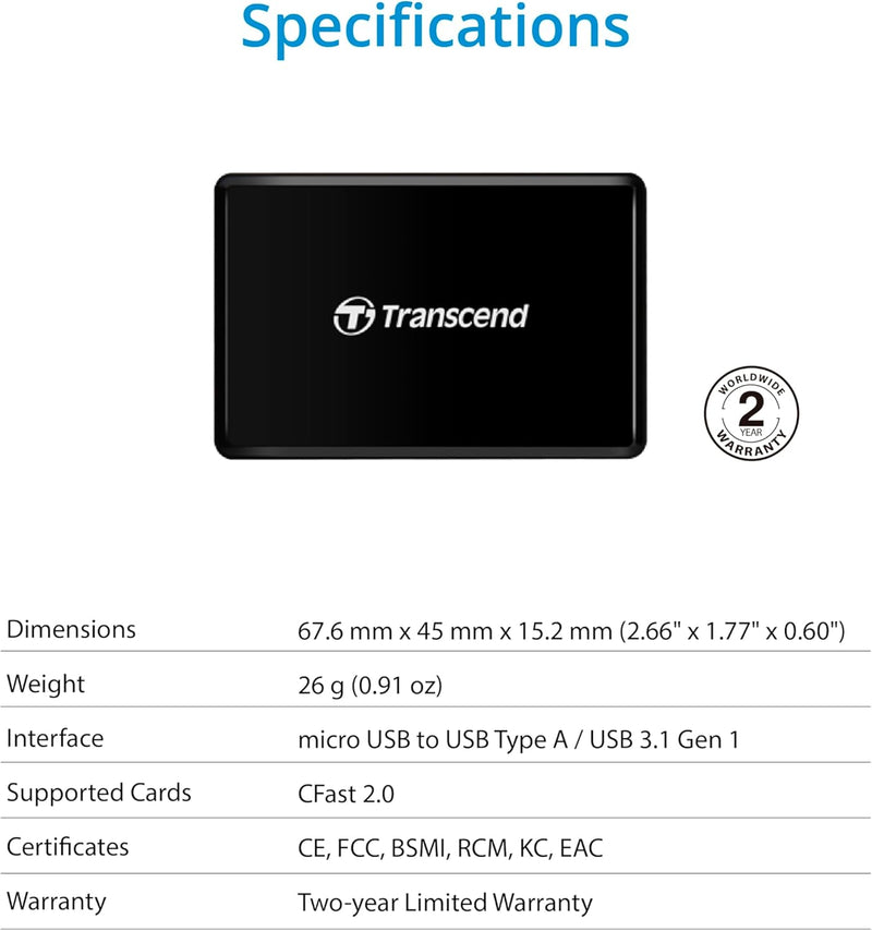 Transcend USB 3.1 Gen 1 CFast 2.0 Kartenleser TS-RDF2, Kartenleser