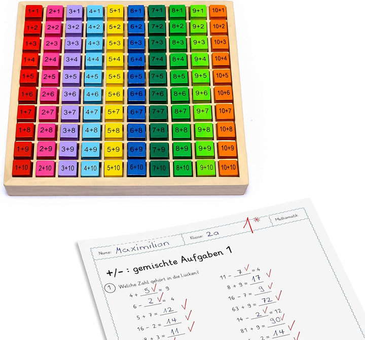 Natureich Plus Rechenbrett Plusbrett Holzrechenbrett für Grundschüler Addition Lernen, Bunte Holzwür