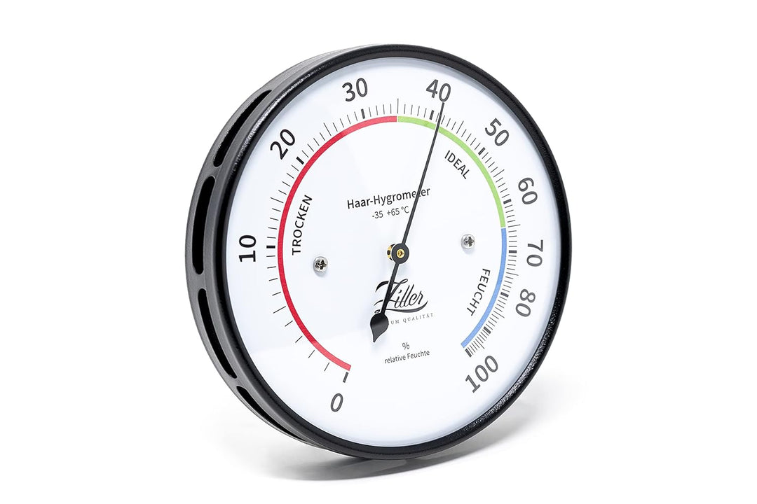 ZILLER Haar-Hygrometer, Serie Modern, Gehäuse Schwarz, Ziffernblatt Weiss, Durchmesser 10cm, Made in