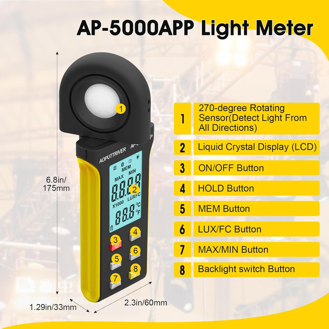 AP-5000APP Digital Luxmeter, Lichtmessgerät Messen 0,1~400.000 Lux Fusskerzen mit 270º Drehbarem Sen