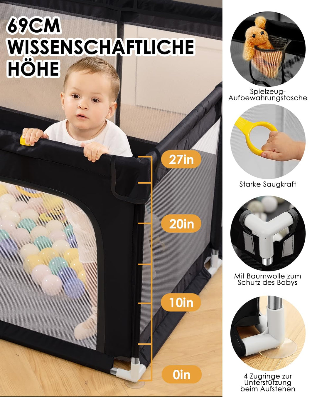 Laufstall Baby,Laufgitter Baby,Kinderzaun mit Atmungsaktivem Netz,Tragbarer Laufstall für Drinnen un