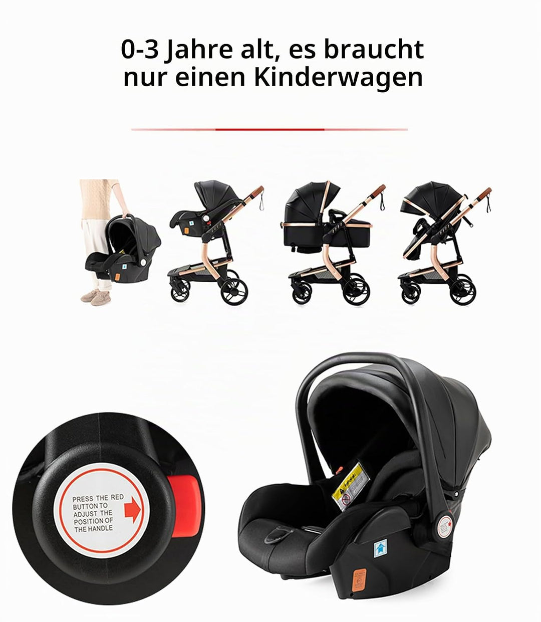 Reenborn PU-Leder Kinderwagen 3 in 1, Buggy mit Ein-Klick-Faltdesign Hohe Landschaft, Kinderwagen mi