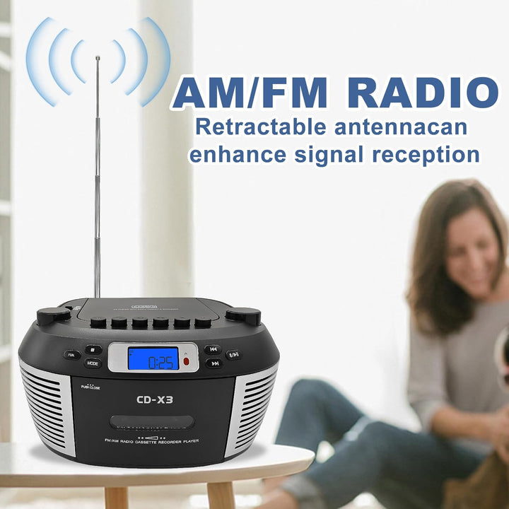 Tragbarer CD- & Kassettenplayer mit Fernbedienung – Inklusive FM/AM-Radio, USB-Wiedergabe, Bluetooth
