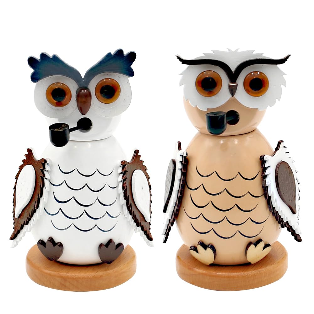 Dekohelden24 Holz-Räucherfigur Eule in weiss und beige als 2er Set, L/B/H 7,5 x 6 x 12 cm 2er Set 12