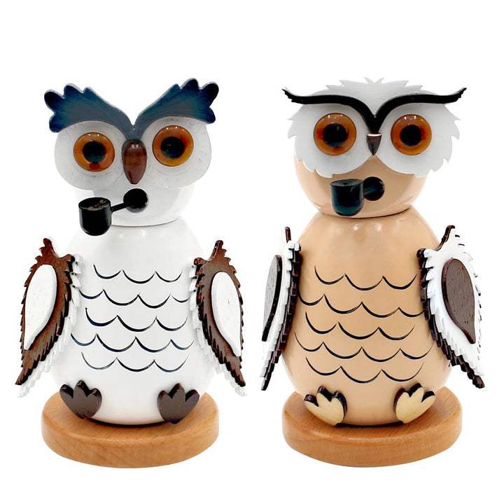 Dekohelden24 Holz-Räucherfigur Eule in weiss und beige als 2er Set, L/B/H 7,5 x 6 x 12 cm 2er Set 12