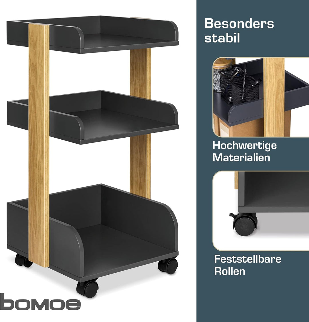 bomoe Aufbewahrungswagen mit Rollen 69 cm hoch – FSC® Holz Rollwagen Badezimmer Büro Küchenwagen Ant