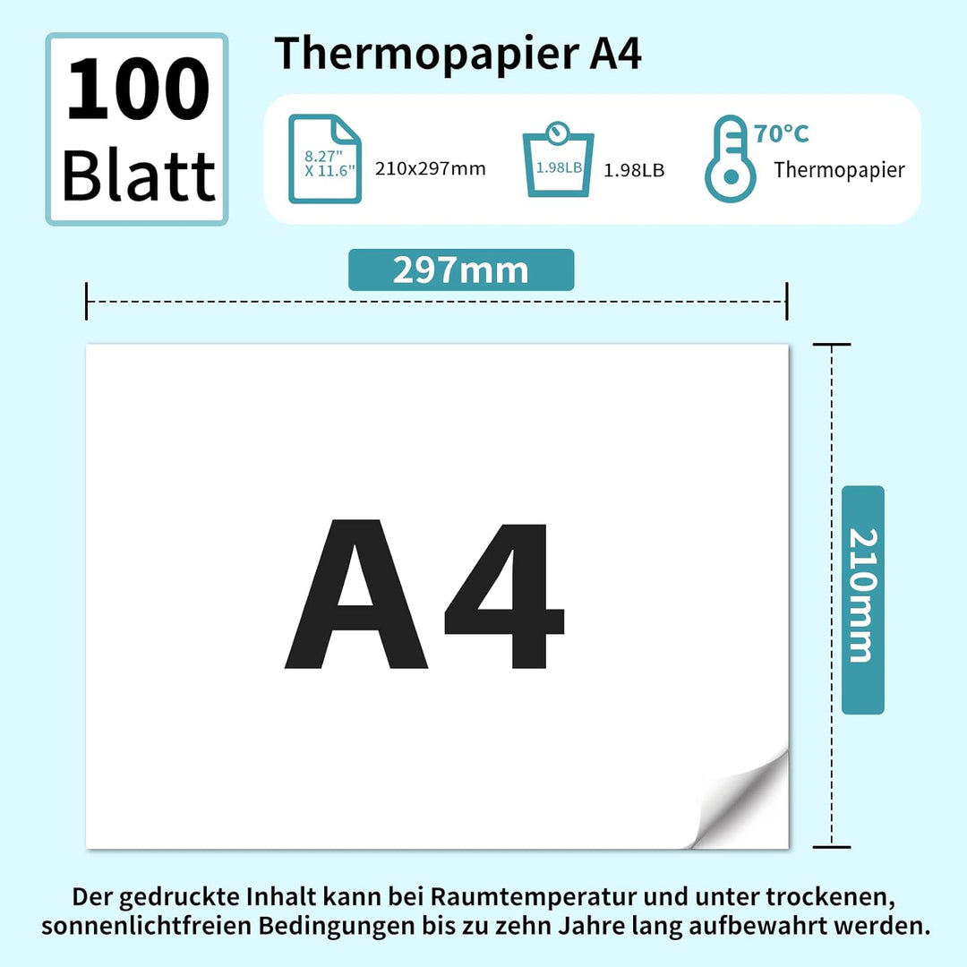 Thermopapier A4 für Tragbaren Drucker M08F/ M832/ Q302/M834, kompatibel mit Brother, Phomemo M08F, H